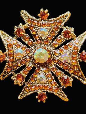 AMBER & AB stones CROSS PIN Brooch PENDANT set in Gold Tone NEW by Ornaments